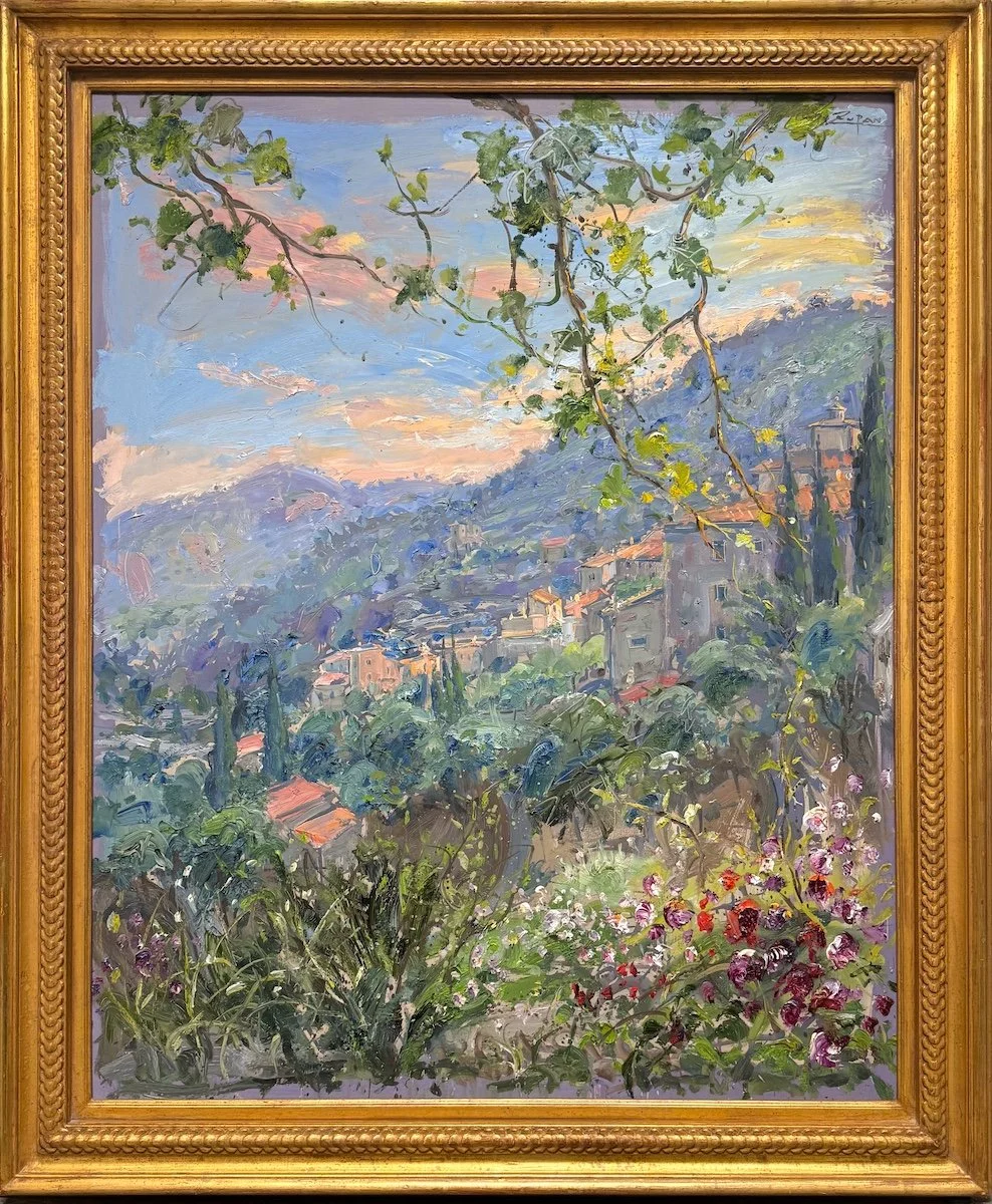 Impressionist oil painting of a village hillside in Spain