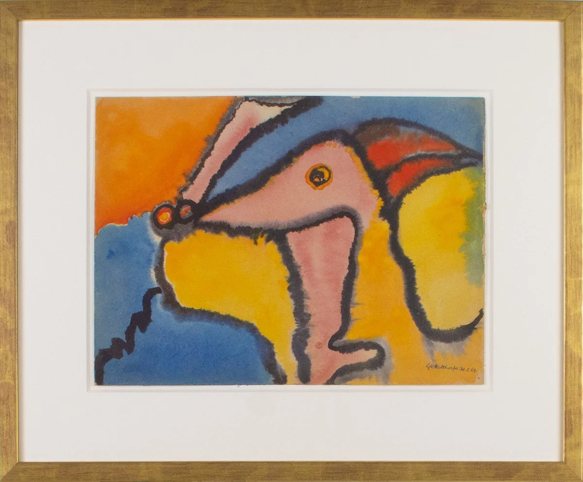 Grace Pailthorpe 30.5.67 - abstract surrealist watercolor of a dog with open mouth