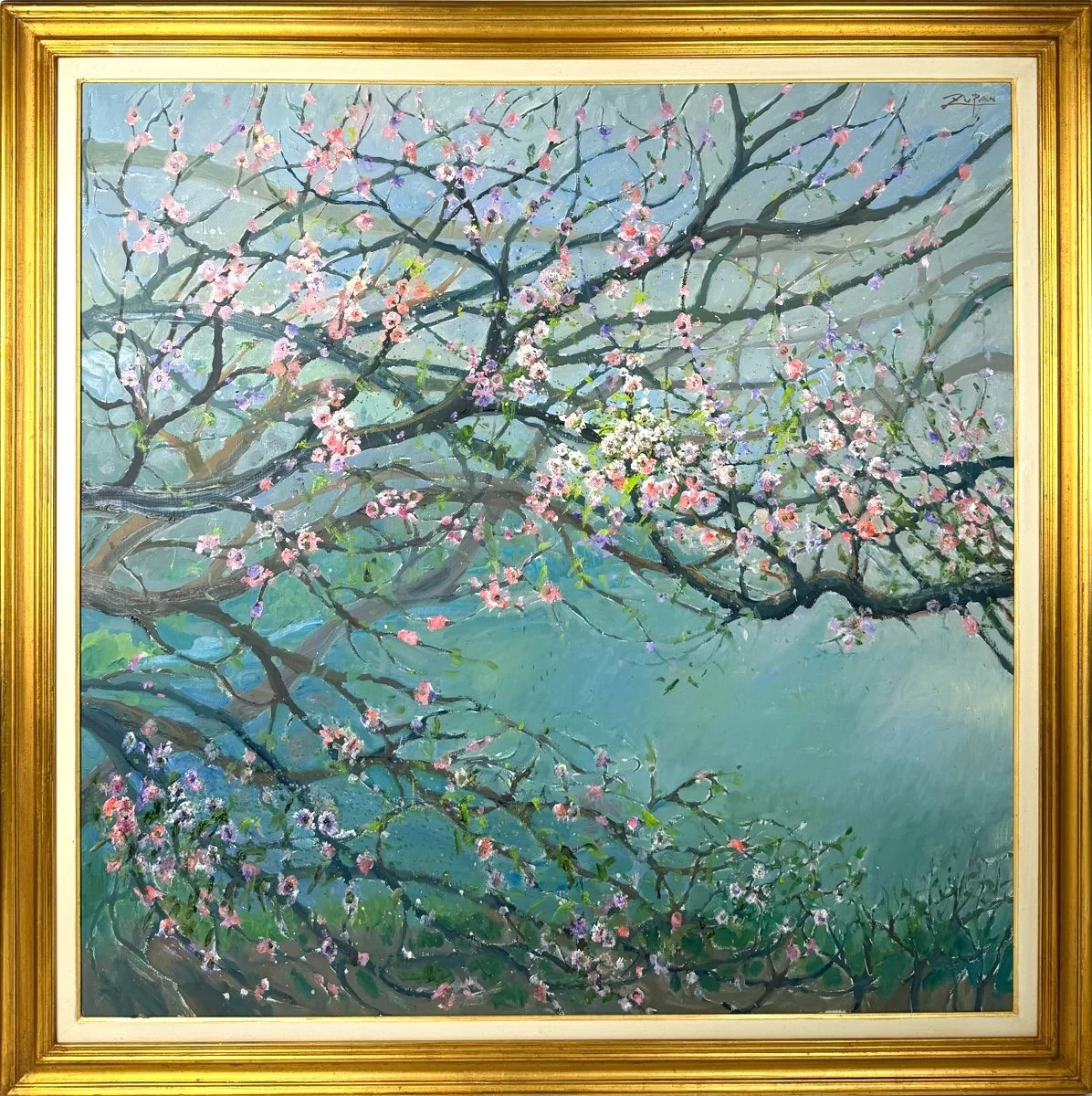 Bruno zupan Almond Trees in February, Mallorca, impressionist oil painting of almond tree branches with blossoms