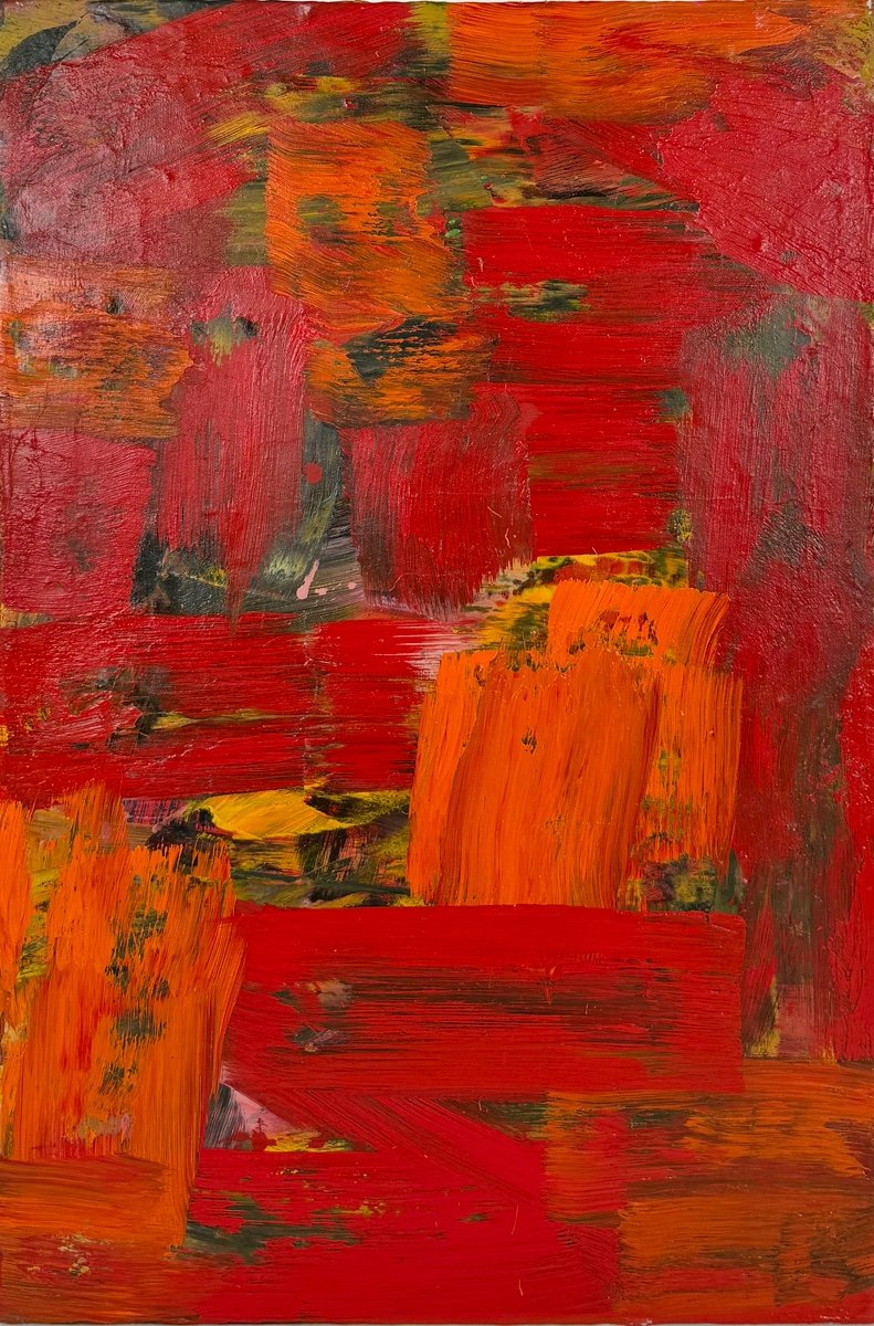 Susan Coley - Resurgence, abstract painting in bright red brush strokes with thick texture and pop of orange