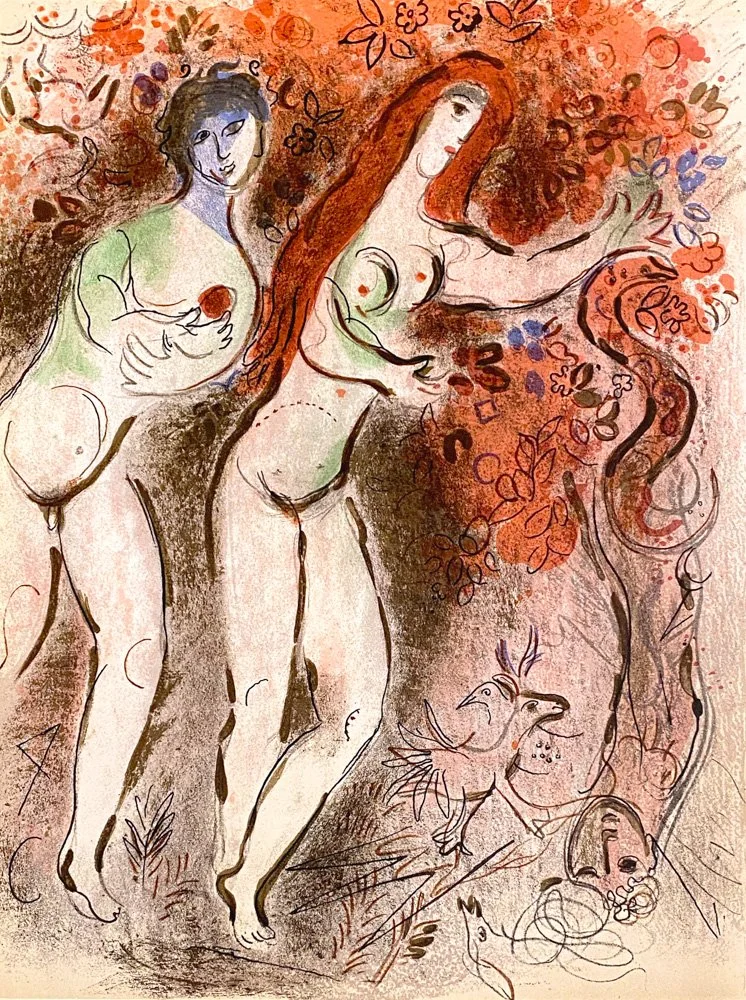Chagall lithograph of adam and eve by the apple tree