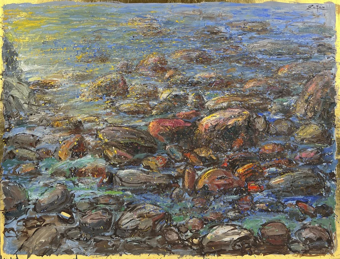 Bruno Zupan Mediterranean Shore, impressionistic landscape of rocks in shallow water, tones of red, brown, blue, gold leaf throughout