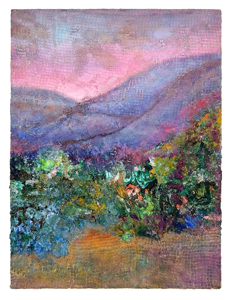 Natasha Zupan AFterglow #48, mixed media collage with thick textured acrylic paint looks like flower bush in front of purple hills and pink sky