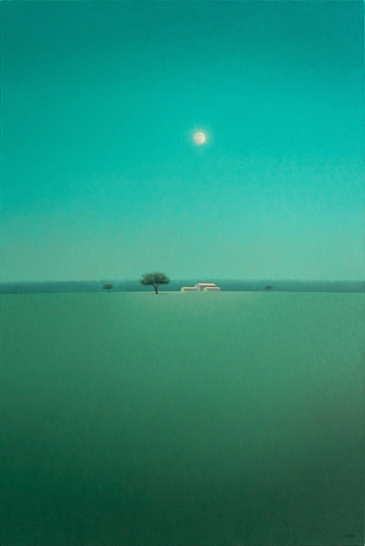 Abstract landscape of a house in a green field with teal sky and white moon