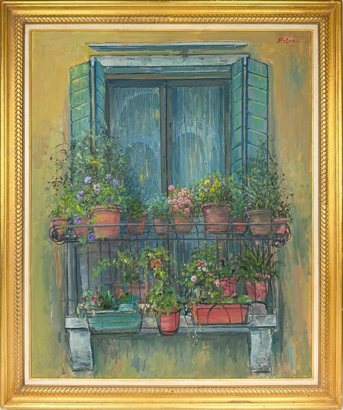 Bruno Zupan Reflection in Venetian Window, framed impressionist oil painting of a balcony window filled with potted plants and green shutters and yellow wall