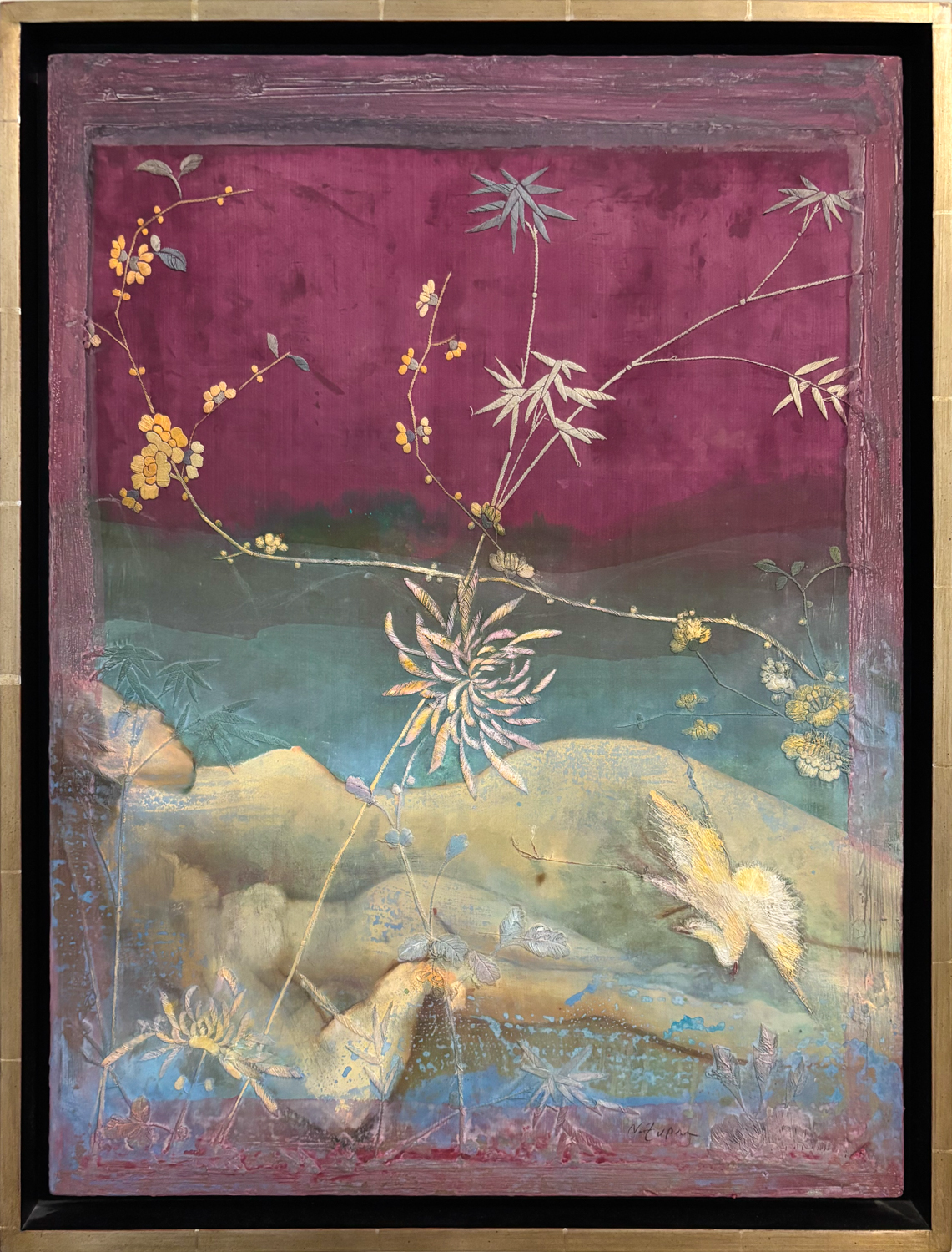 Natasha Zupan Between the Emotion, abstract mixed media artwork on board, nude female figure lying down in the foreground with magenta purple and teal background with flowers and foliage