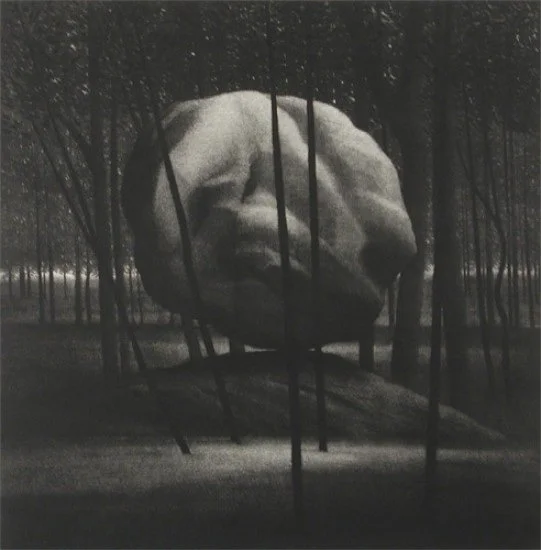 Robert Kipniss The balanced rock, minimalist mezzotint of a large round rock balanced on a small hill in a forest, strong contrast in light and shadow