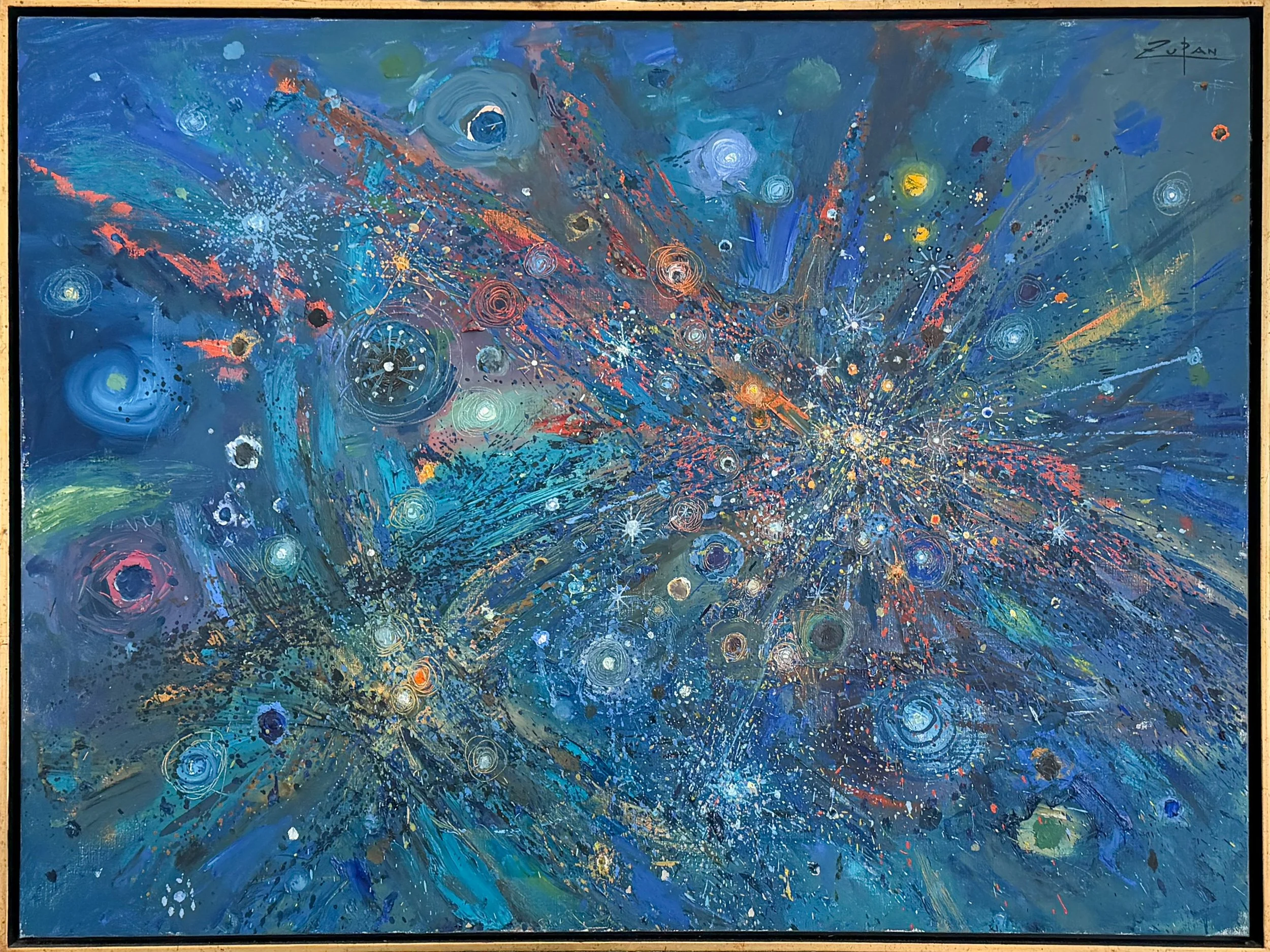 Bruno Zupan Fireworks, framed impressionist oil painting of colorful fireworks in a dark navy blue night sky