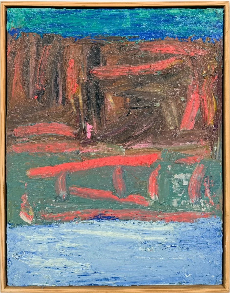 Susan Coley The Way Home, abstract oil painting in brown green blue and coral, with thick texture