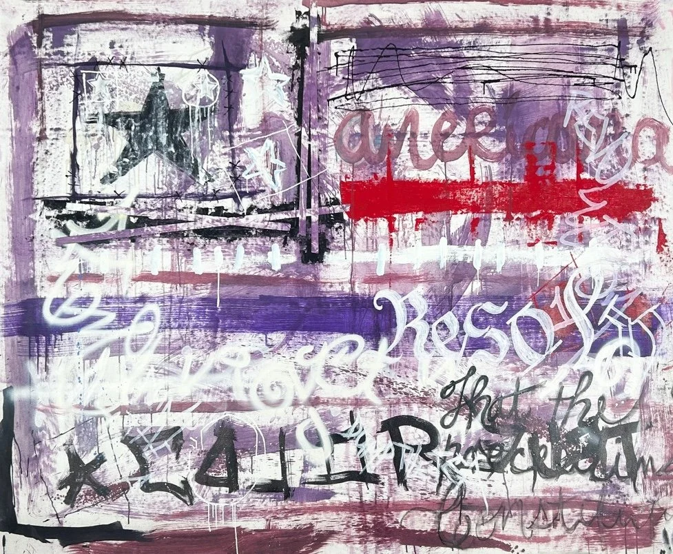 Sen-1 Resolved, abstract graffiti painting of the American flag in purple tones