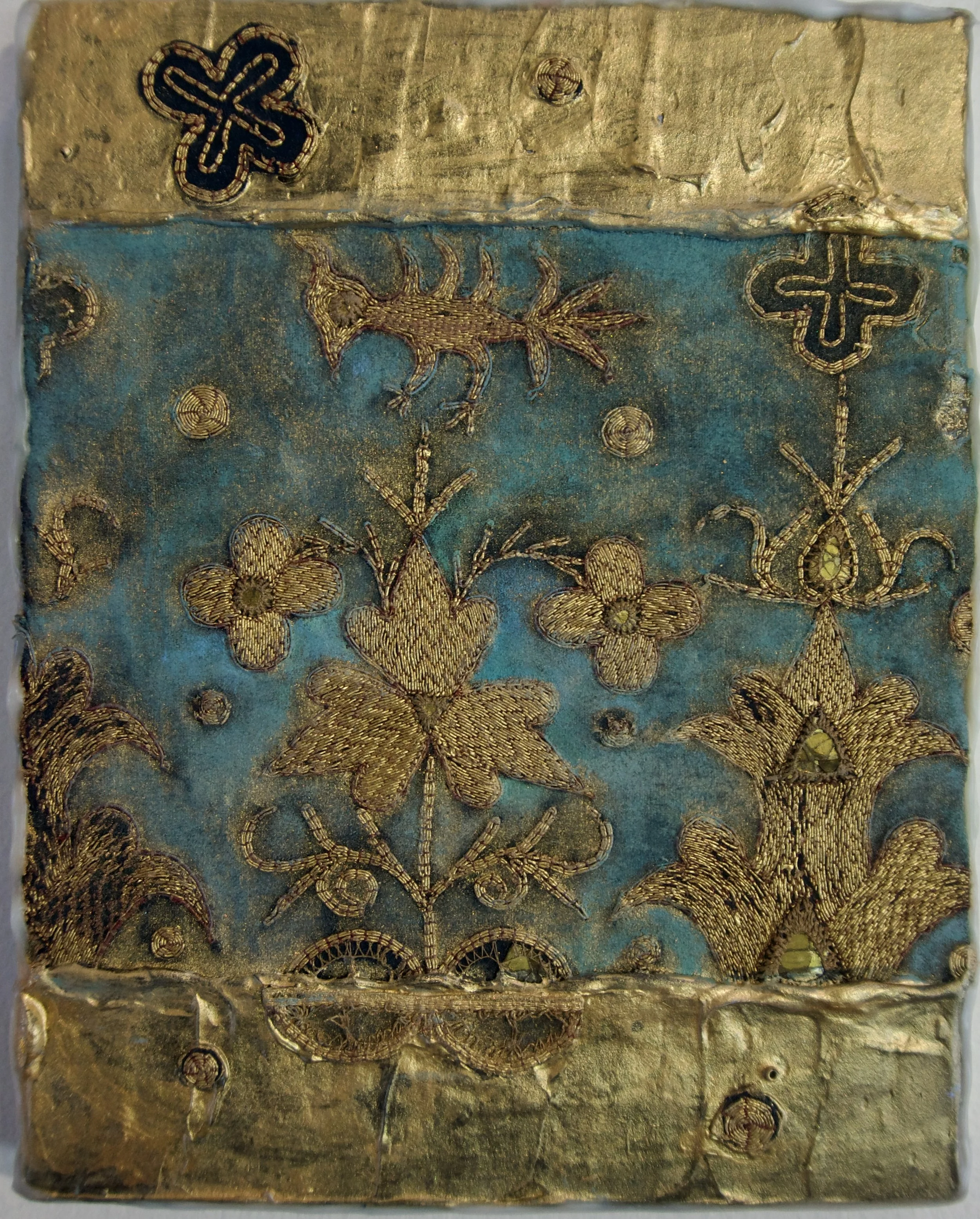Natasha Zupan - Afterglow #31, mixed media collage with fabric, floral patterns and thick textured paint in gold and dark teal