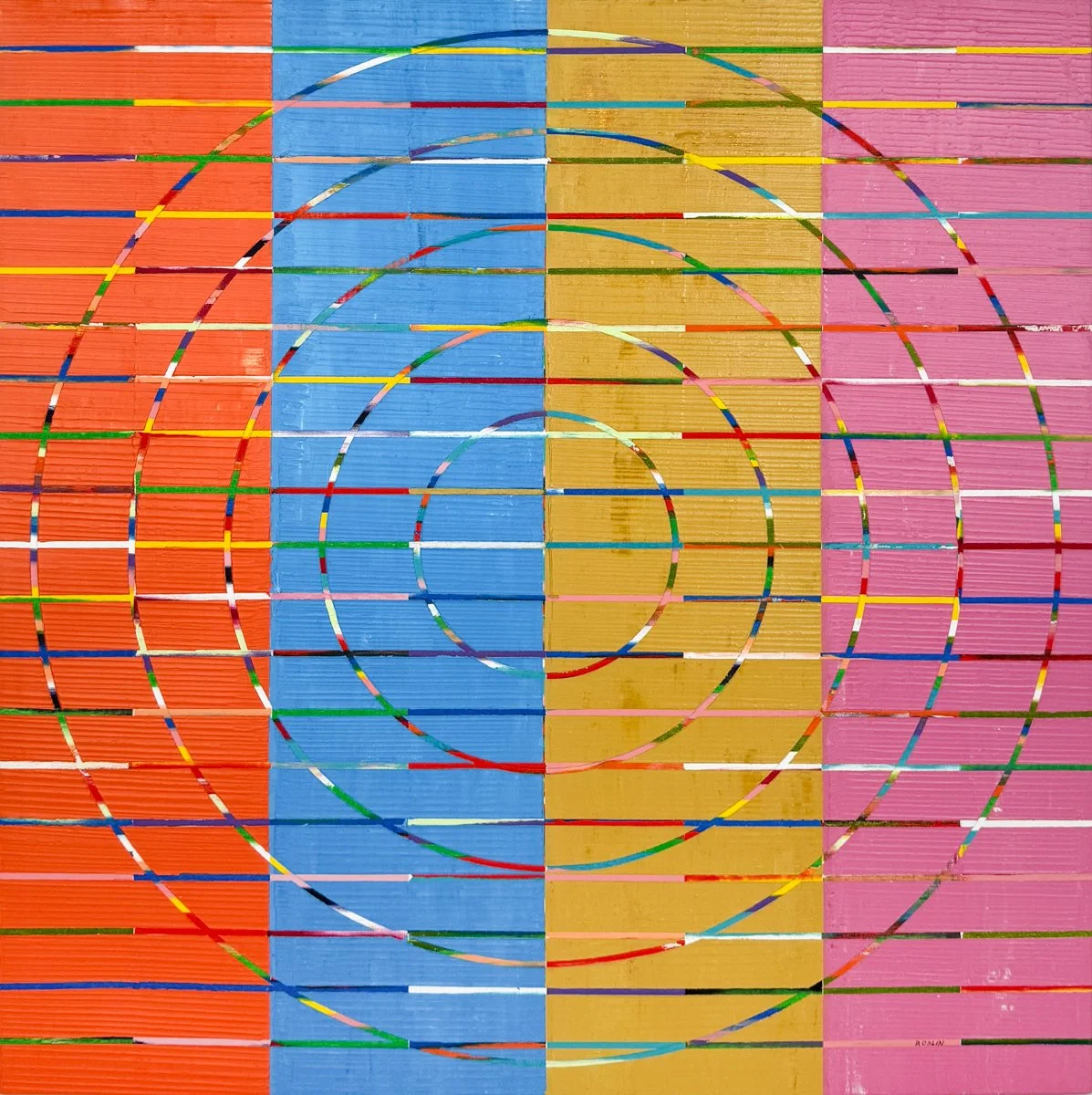 Richard Roblin Whimsical Time, abstract geometric oil painting orange, blue, yellow pink background with multicolor lines horizontal and circles