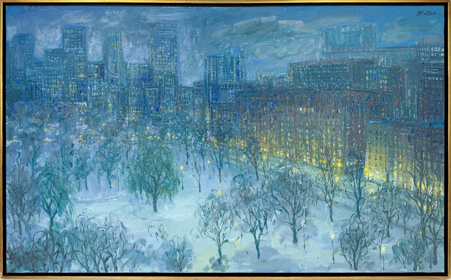Bruno Zupan Public Garden in Boston after Snow, framed long horizontal impressionist oil painting of a Boston Public garden and night scene cityscape in snow