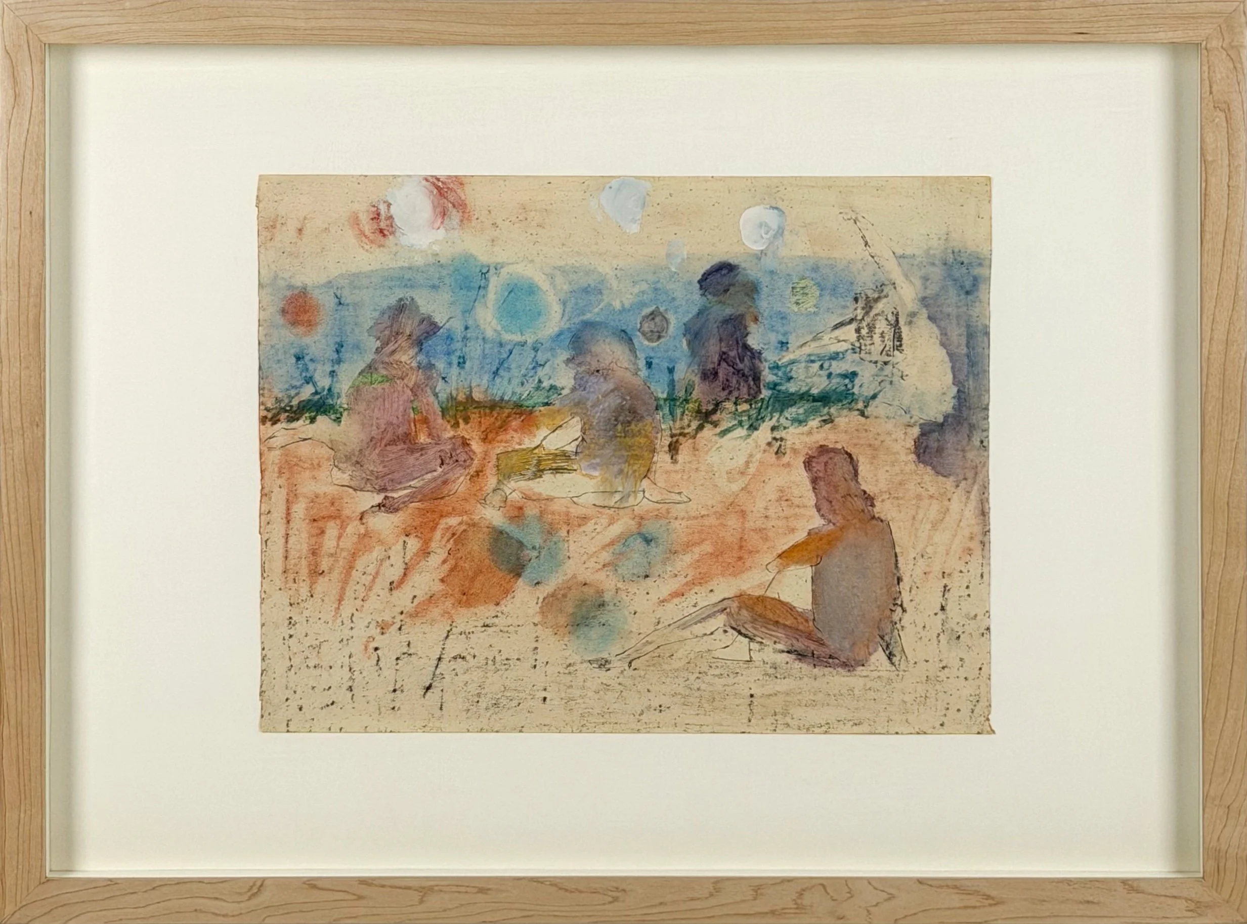 Stanley Boxer  Untitled Figure Study (309D-61) - abstract mixed media on paper, figures on a sandy beach with colors