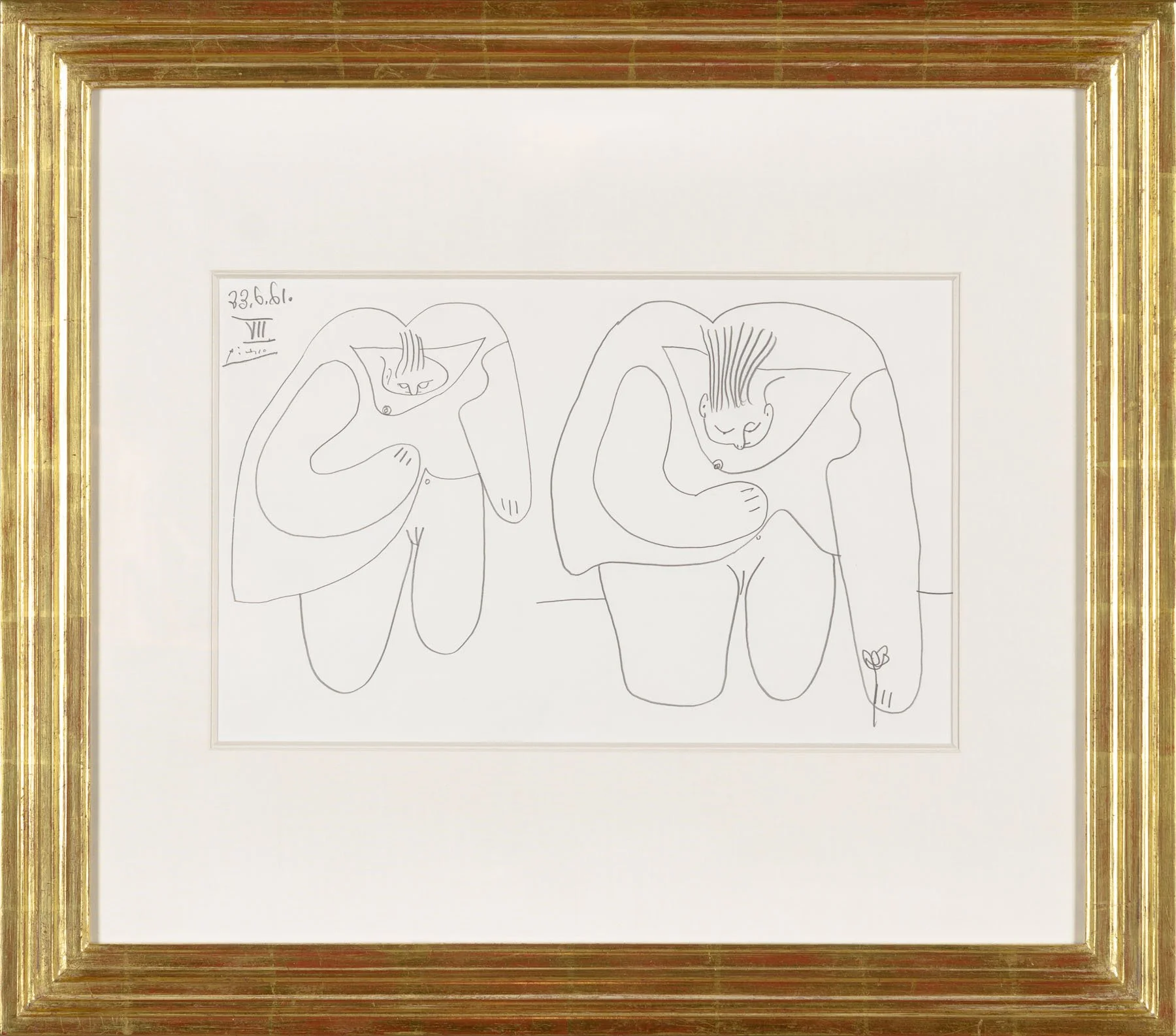 Pablo Picasso Les Dejeuners, Etudes VII (d'apres Manet), abstracted minimalist drawing of two female figures holding up their dresses and leaning over to pick a flower