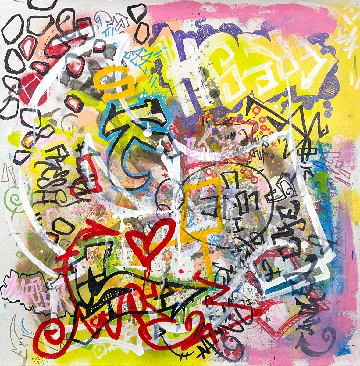 SEN-1, FRESH 5, abstract street graffiti paintings, vibrant and neon pinks, yellow,s reds, blues, white, black, text layered