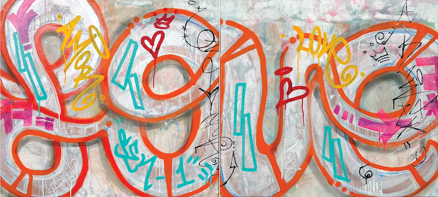 Sen-1 L.O.V.E, abstract graffiti style painting of the word LOVE as a diptych