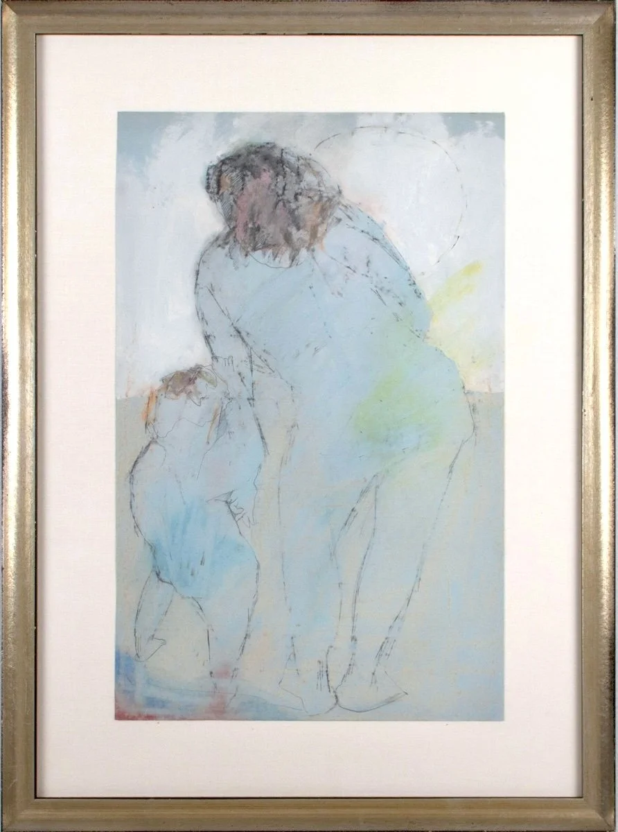 Stanley Boxer Untitled Figure Study (288D-61), abstract bigure study on blue paper in mixed media color drawing, framed in silver frame