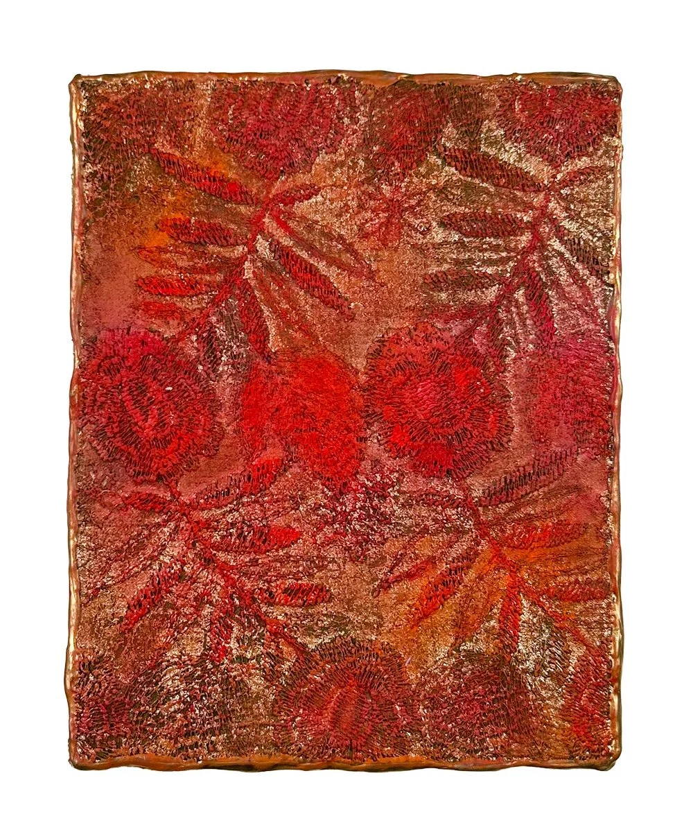 Natasha Zupan - Afterglow #40, mixed media collage with fabric, floral patterns and thick textured paint in darkred