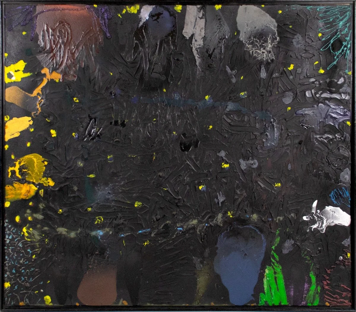Stanley Boxer Blackelkyellowsnows - abstract thick texture painting in black with pops of bright colors and glitter splatters, framed