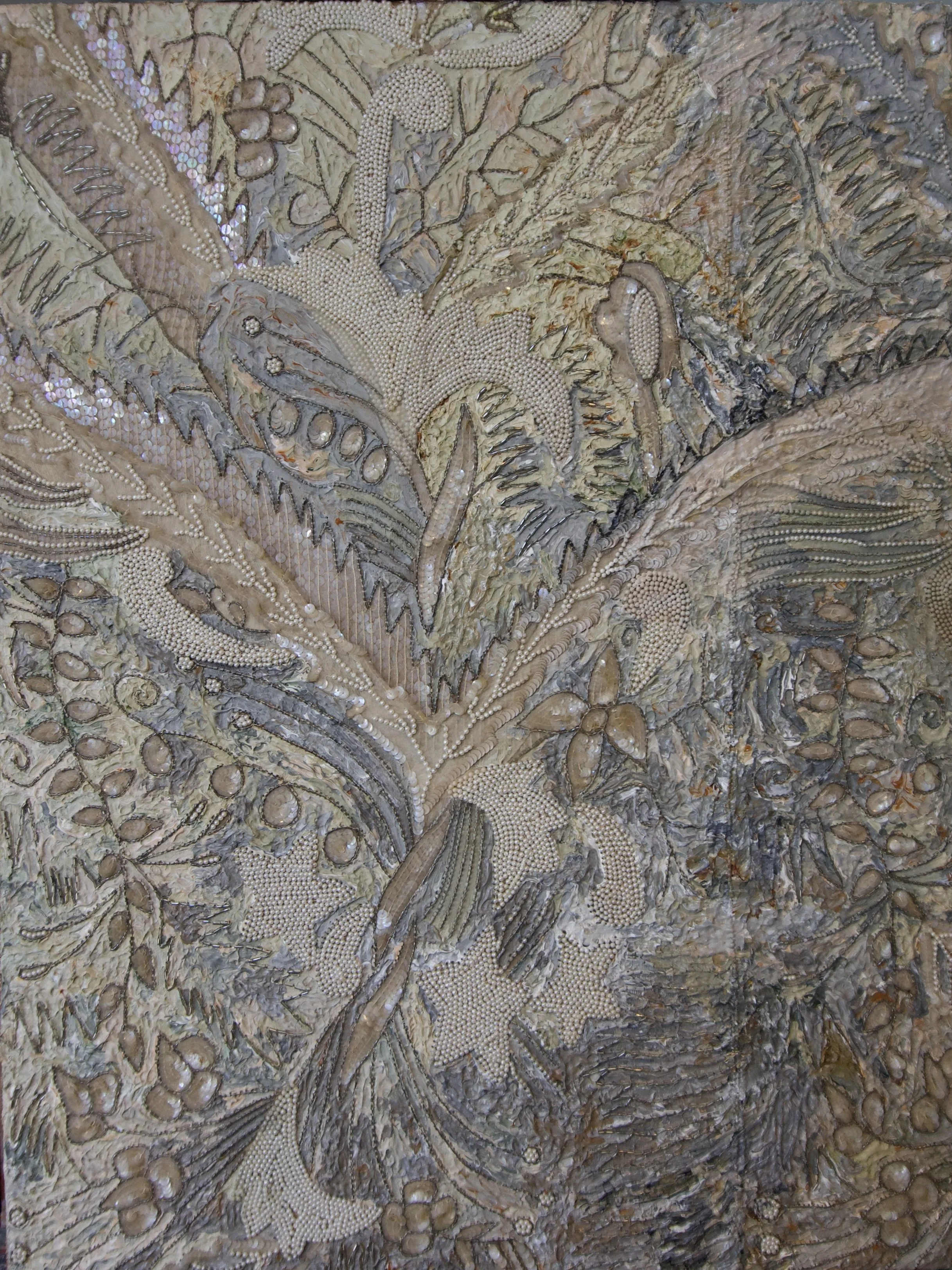 Natasha Zupan - Afterglow #7, mixed media collage with fabric and beading in neutrals