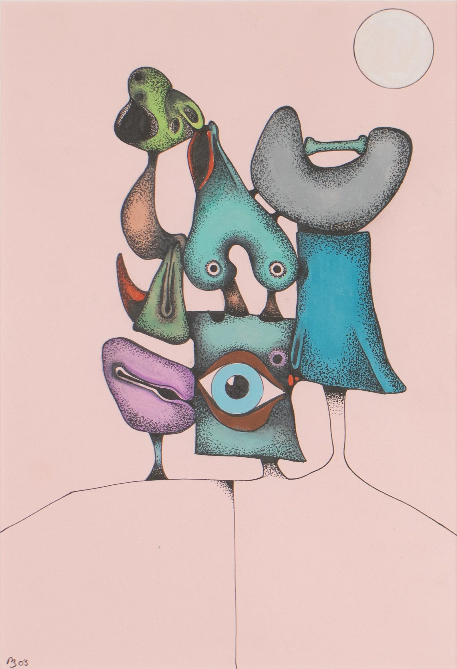 Desmond Morris, FLIMMER, abstract biomorphic form in watercolor on pink paper