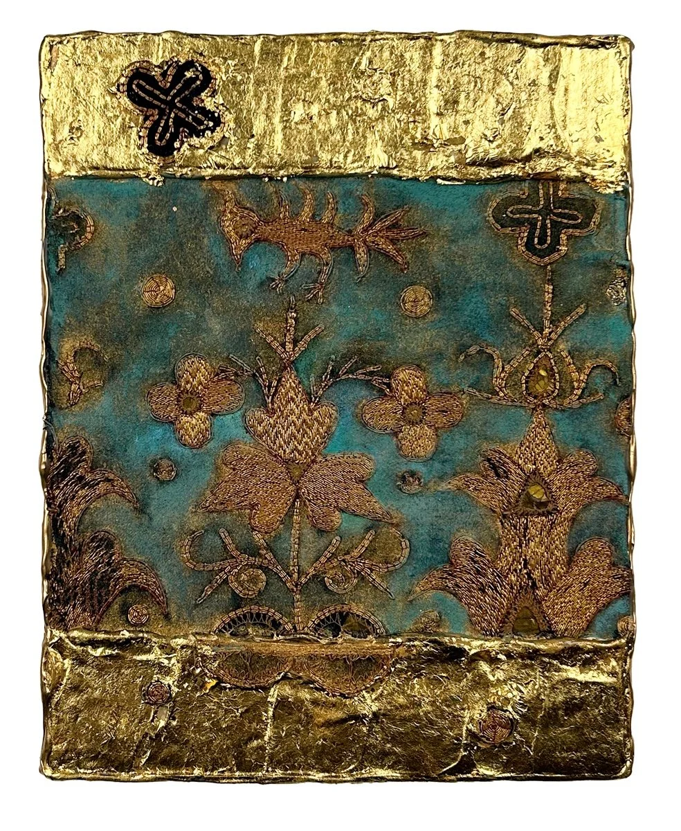 Natasha Zupan - Afterglow #31, mixed media collage with fabric, floral patterns and thick textured paint in gold and dark teal
