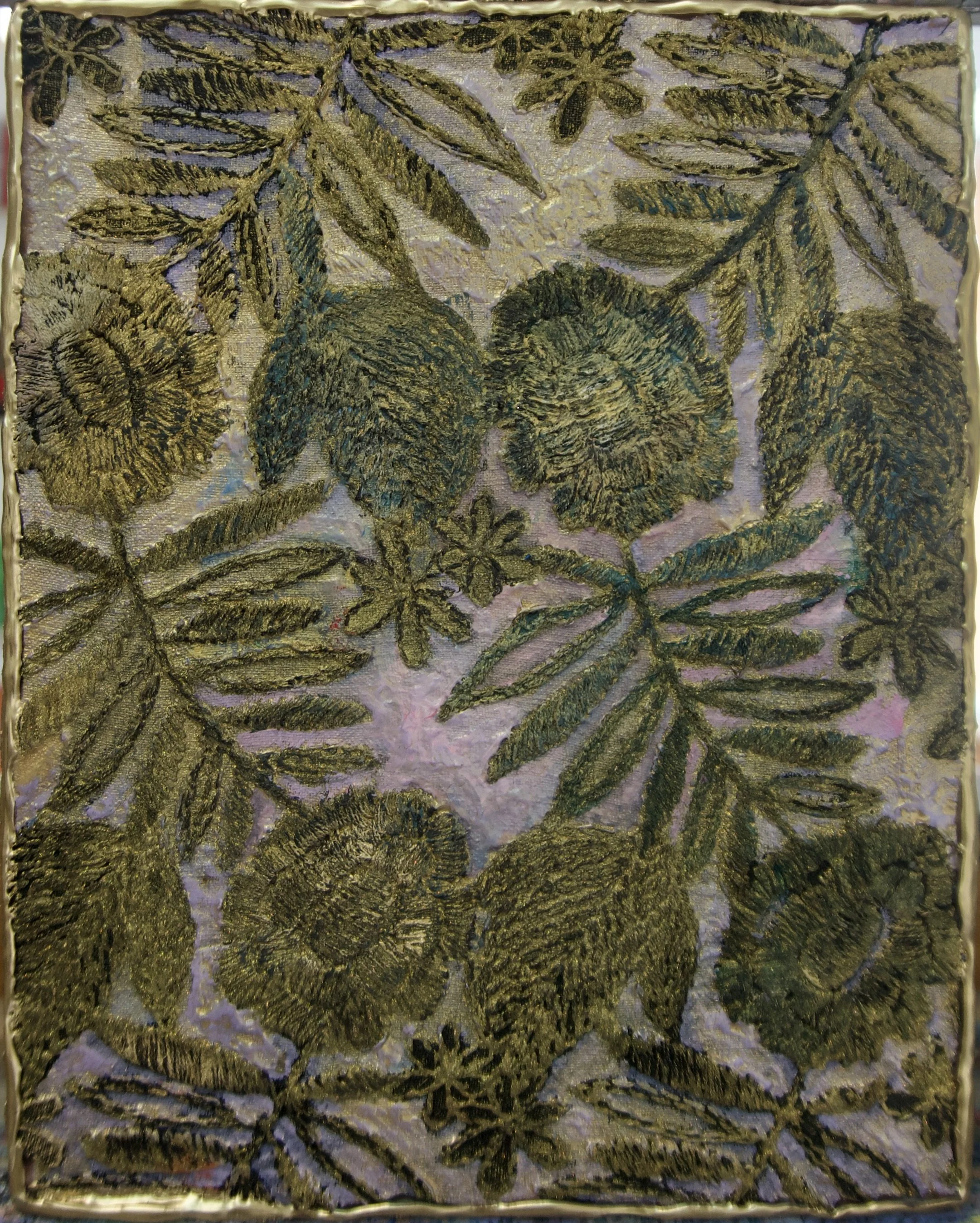 Natasha Zupan - Afterglow #32, mixed media collage with fabric, floral patterns in dark gold and dusty light pink