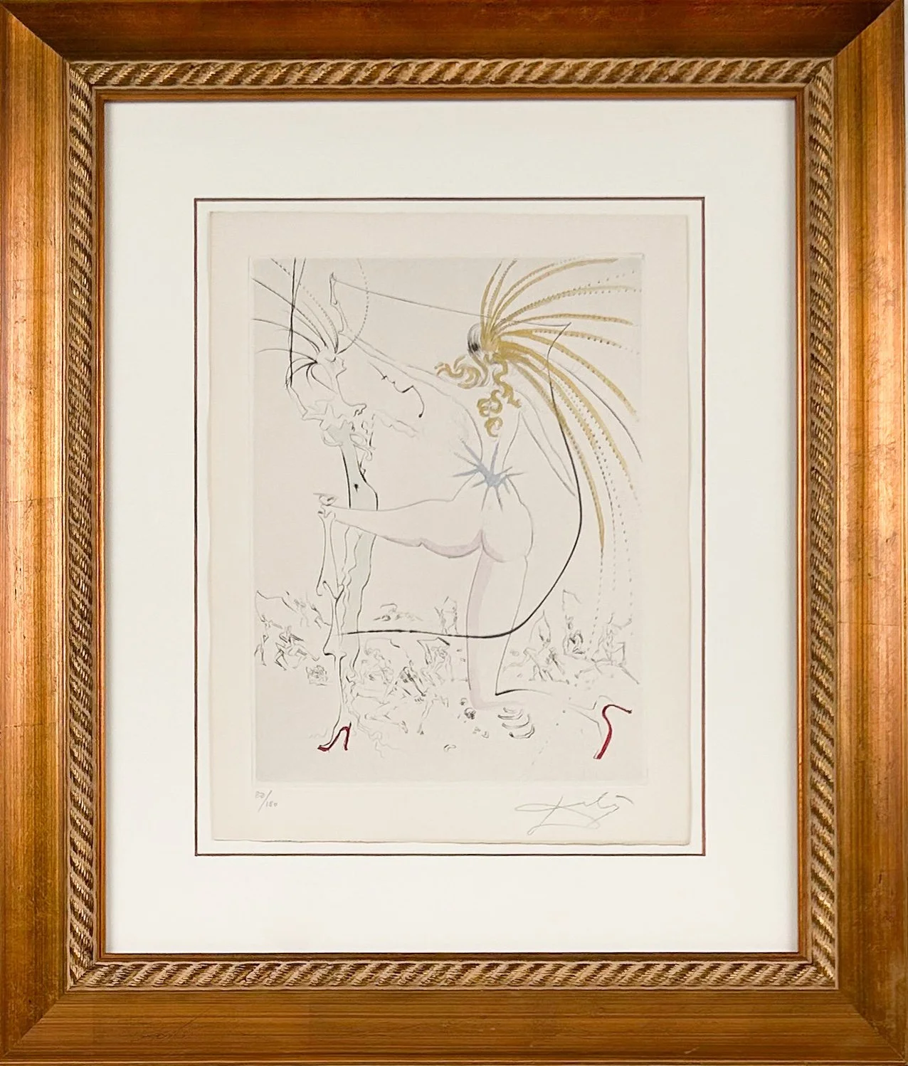 Salvador Dalí The Egrets, framed, drypoint print of a women kneeling with an egret