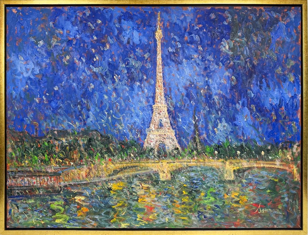 Samir Sammoun  Paris, framed, impressionist oil painting of Paris at night with a starry sky and view of the Eiffel tower across the river