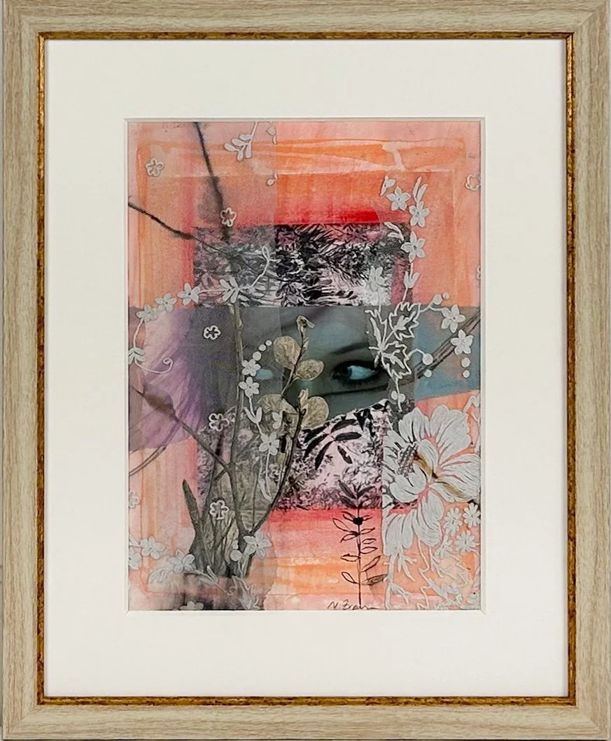 Natasha Zupan Afterglow #14, mixed media collage with female eyes and floral patterns