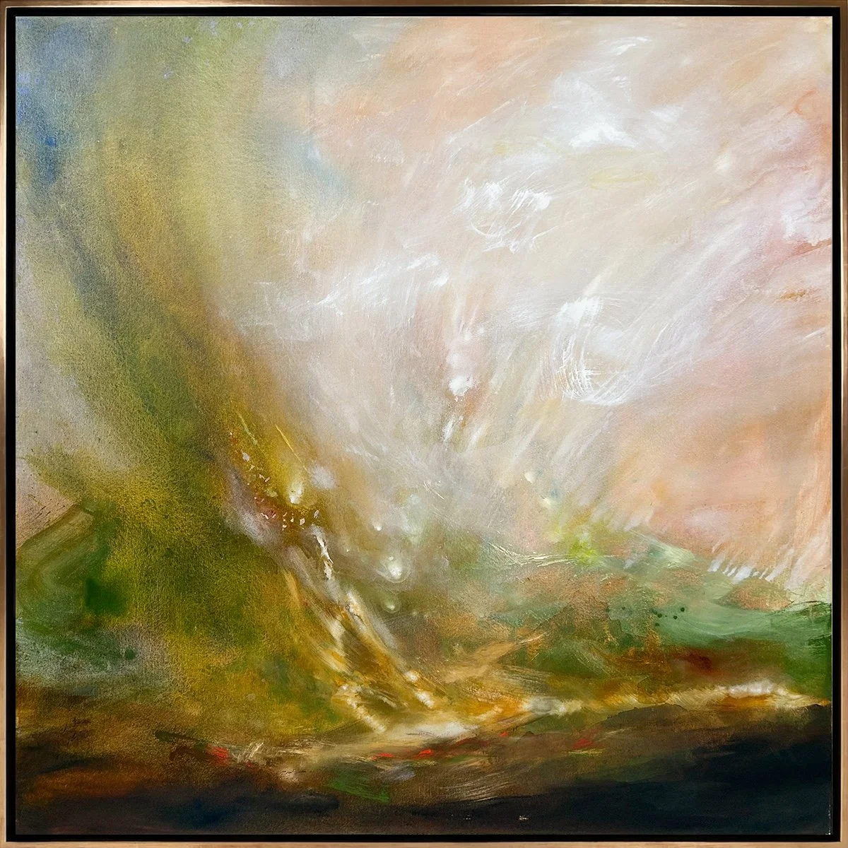 Kathy Buist Radiance, abstract painting with atmospheric washes of color and layered brush strokes withs a pink top and green center and dark brown earthy ground