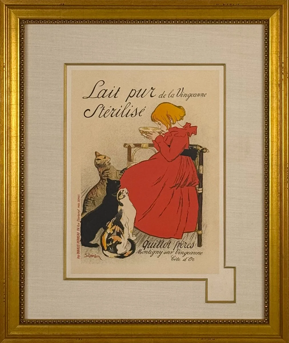 Theophile-Alexandre Steinlen Lait pur stérilisé, poster of a young girl in a red dress sipping milk from a bowl, several cats at her feet, text at top and bottom