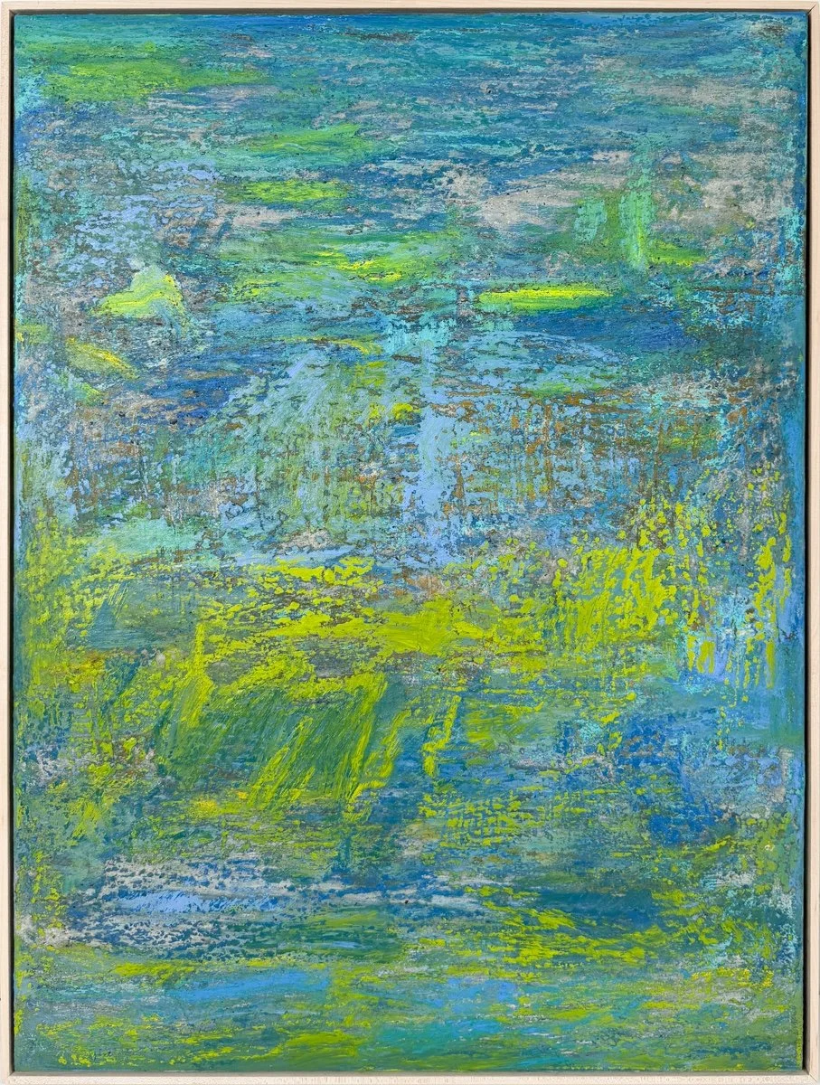 Susan Coley Land, Sea and Sky, abstract thick texture painting in blues and greens