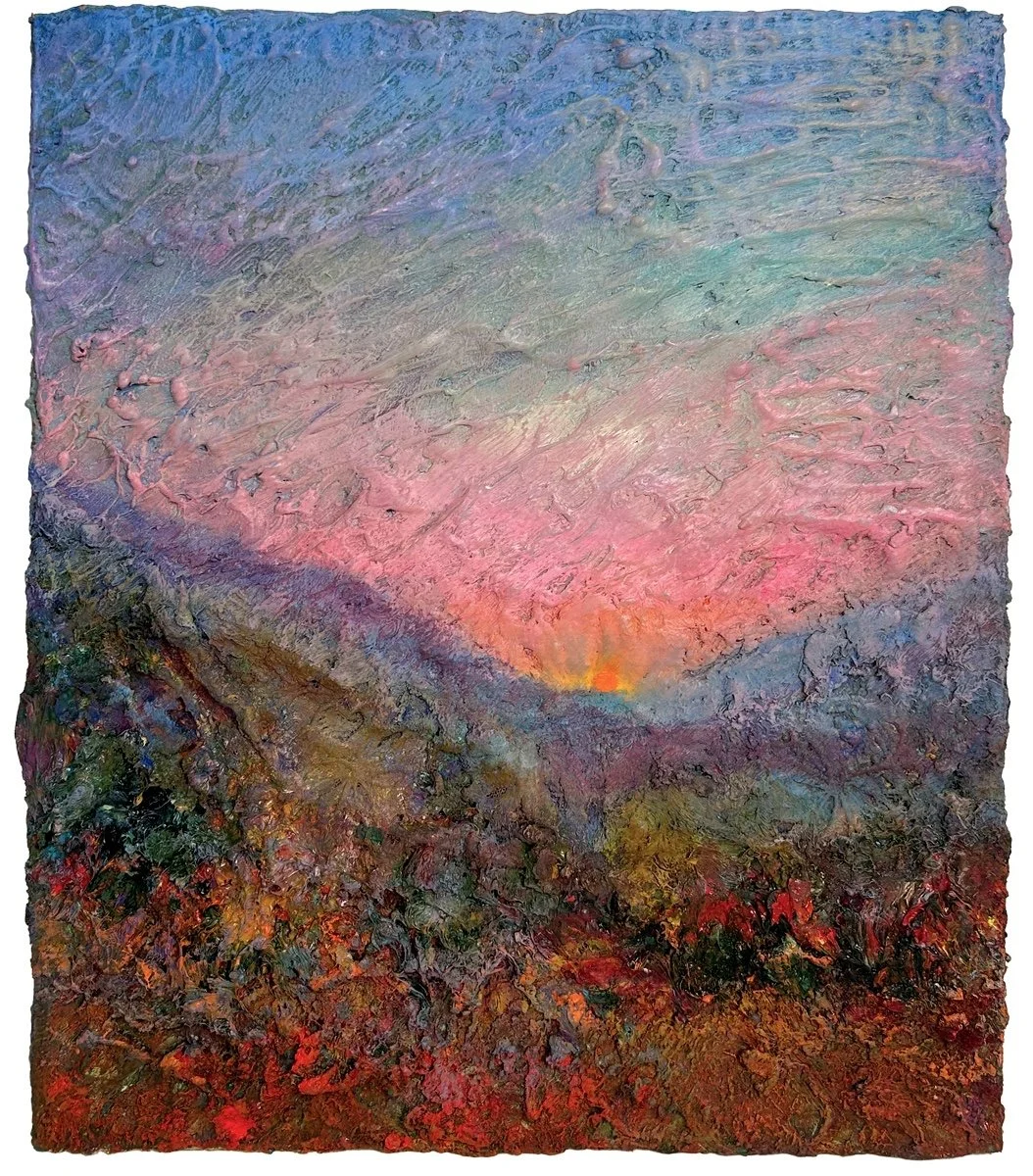 Natasha Zupan - Afterglow #12, mixed media collage on wood that looks likes a hillside landscape view of a pink and gold sunset in between peaks