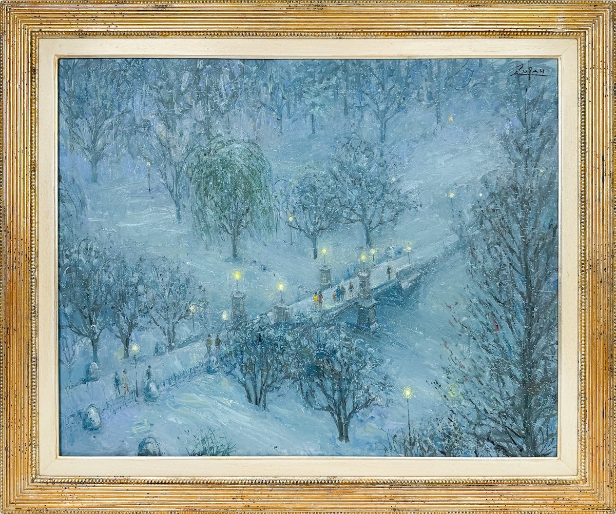 Bruno Zupan, Bridge in Public Garden, Boston, After Snow - framed impressionist oil painting of the bridgeway in Boston Public garden in a blizzard