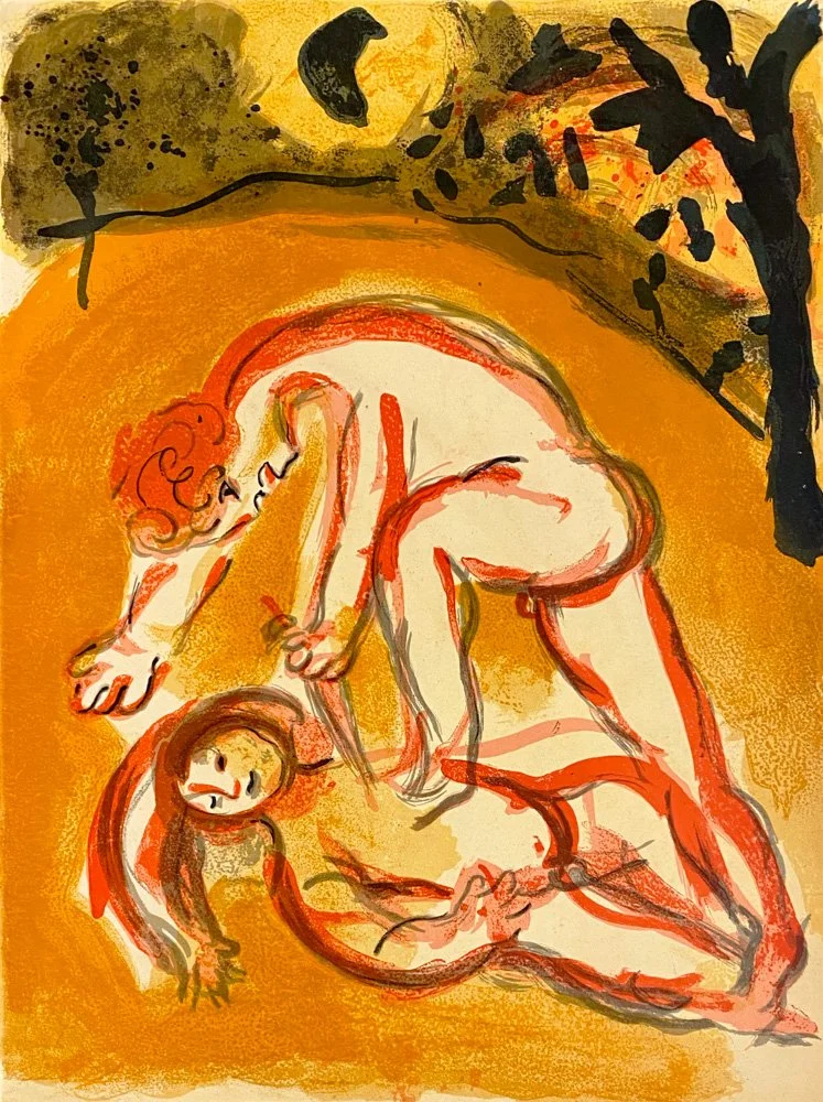 Marc Chagall, Cain and Able, color lithograph depicting the bible story of Cain and Able, bright orange color with black landscape details and red figural lines