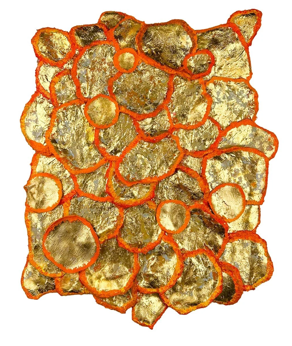 Natasha Zupan - Afterglow #18, collage of mixed size gold round forms with orange outlines
