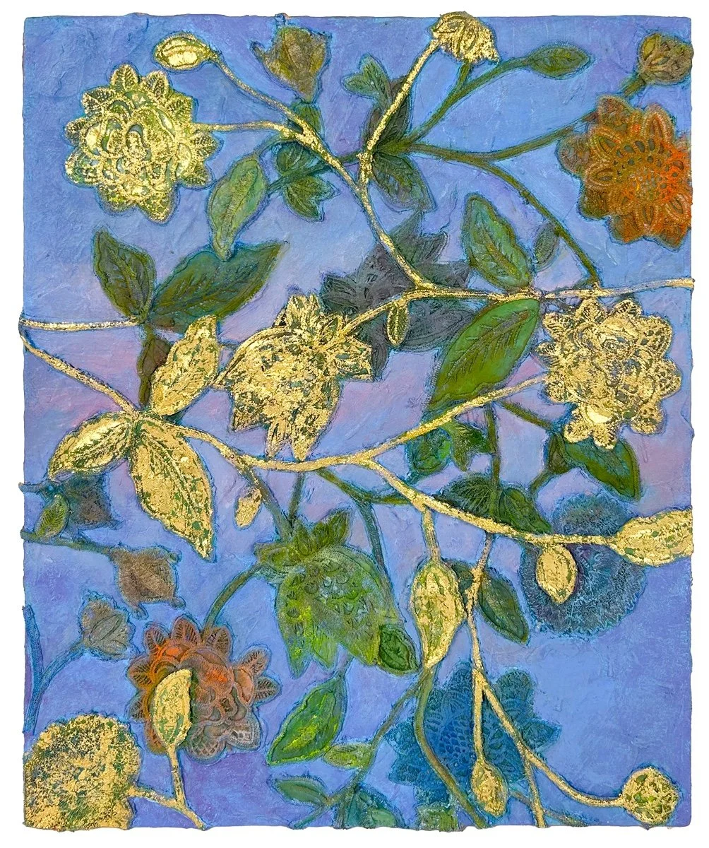 Natasha Zupan Afterglow #17, mixed media collage on wood with purple background a floral pattern overlay with gold accent