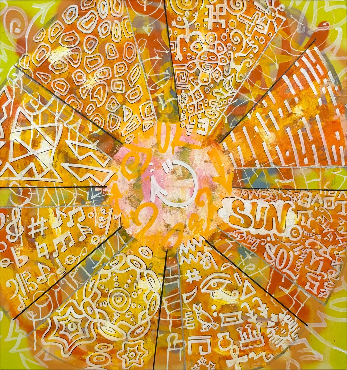 Sen-1 SOL, abstract graffiti style painting on canvas, sun dial with glyphs