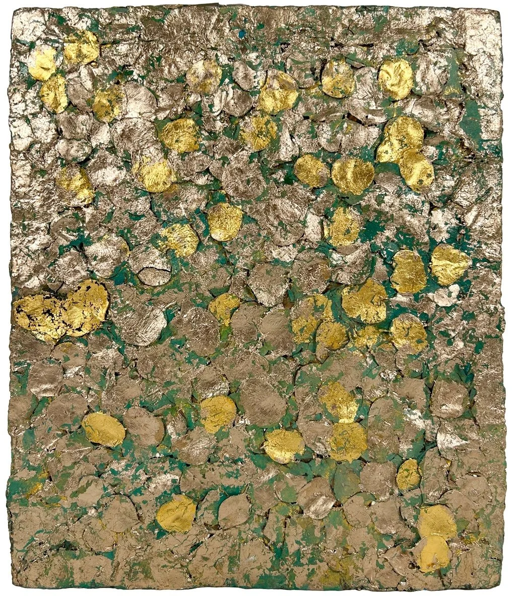 Natasha Zupan Afterglow #11 mixed media collage on wood of gold leaf petal shapes collaged together with green paint