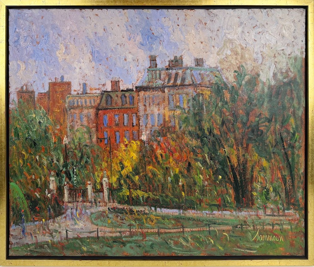 Samir Sammoun  View on Commonwealth Avenue, Autumn, framed, impressionist oil painting of Comm. Ave in Boston during autumn