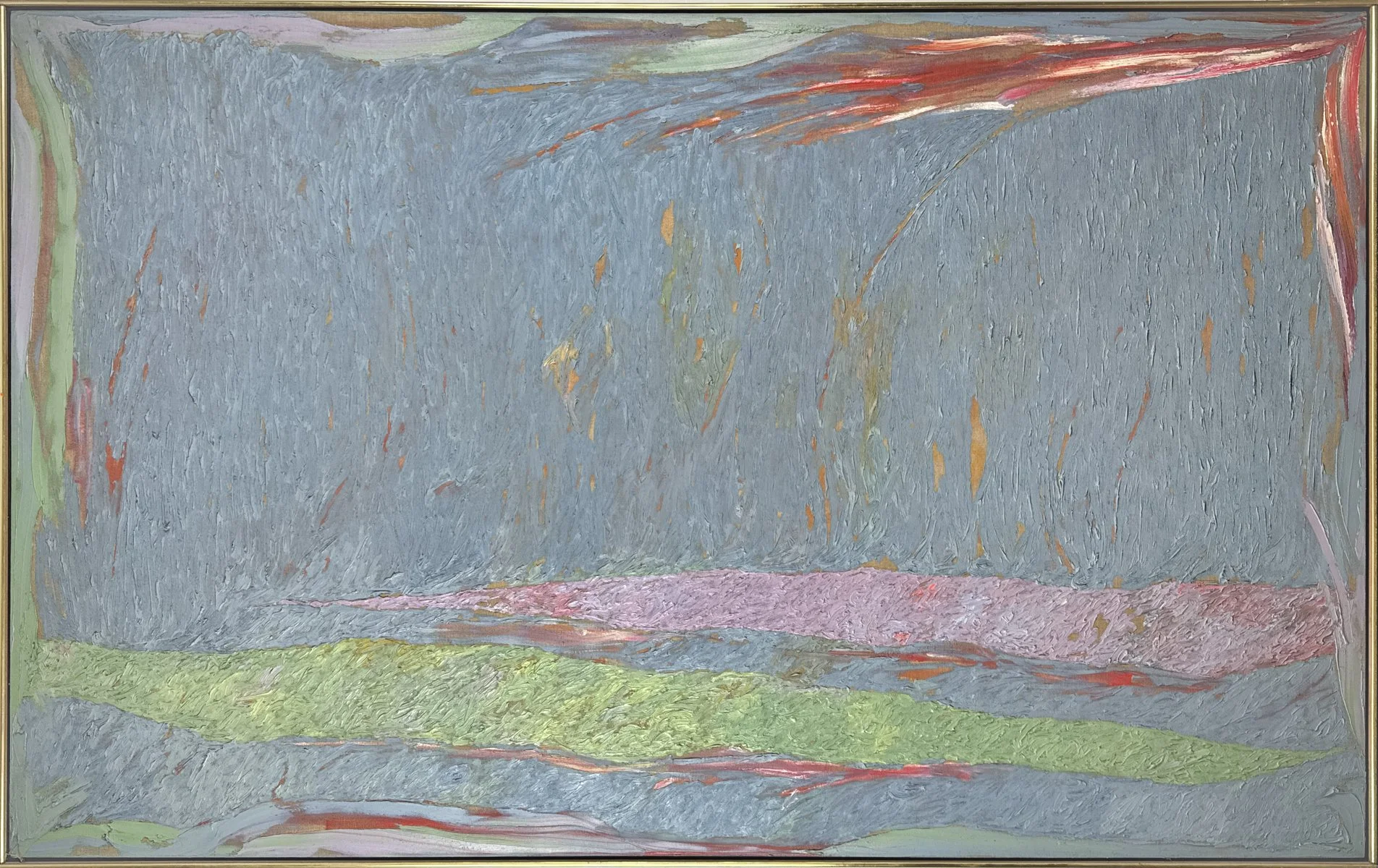Stanley Boxer OoLaLaNights (62-74), abstract textured painting, bluegrey with ribbons of light green, pink, red and white
