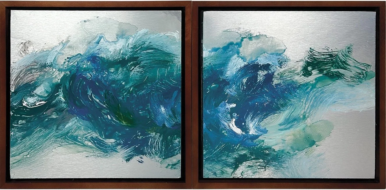 Kathy Buist A Moment Suspended, abstract diptych, mixed media on aluminum