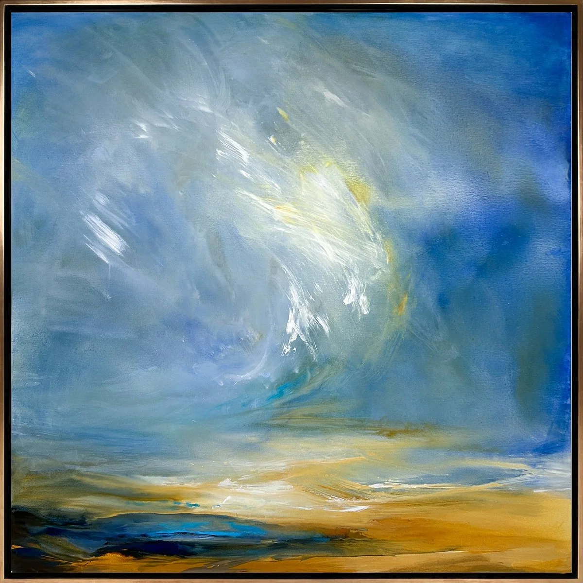 Kathy Buist, Skyward, Abstract landscape painting with atmospheric layers of cobalt blue and yellow colors and expressive brushstrokes suggesting sky, water, and landscape.