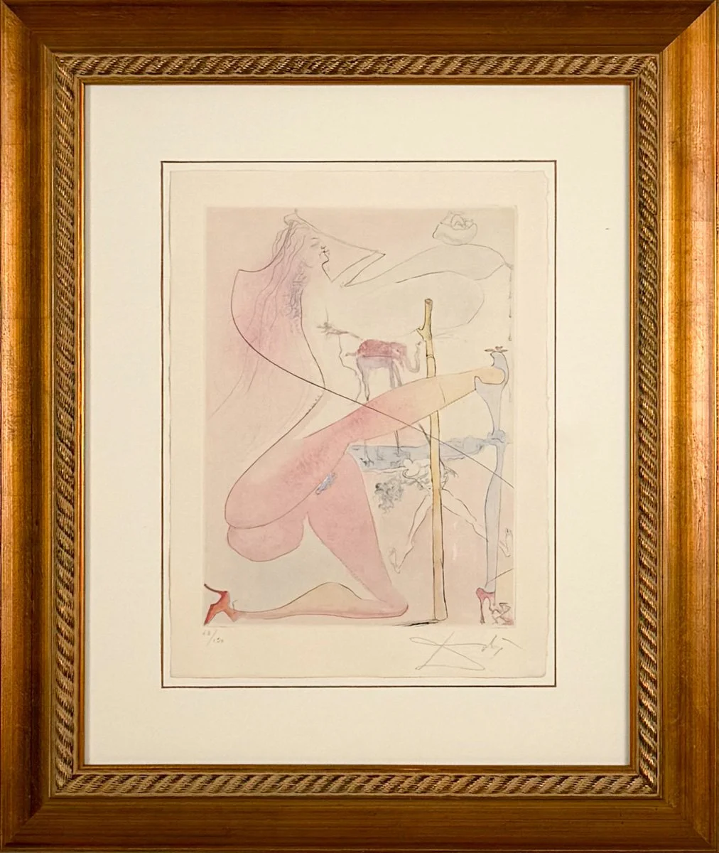 Salvador Dalí Woman with Crutch - Venus in Furs series, framed, pink woman with leg in a crutch and large breasts