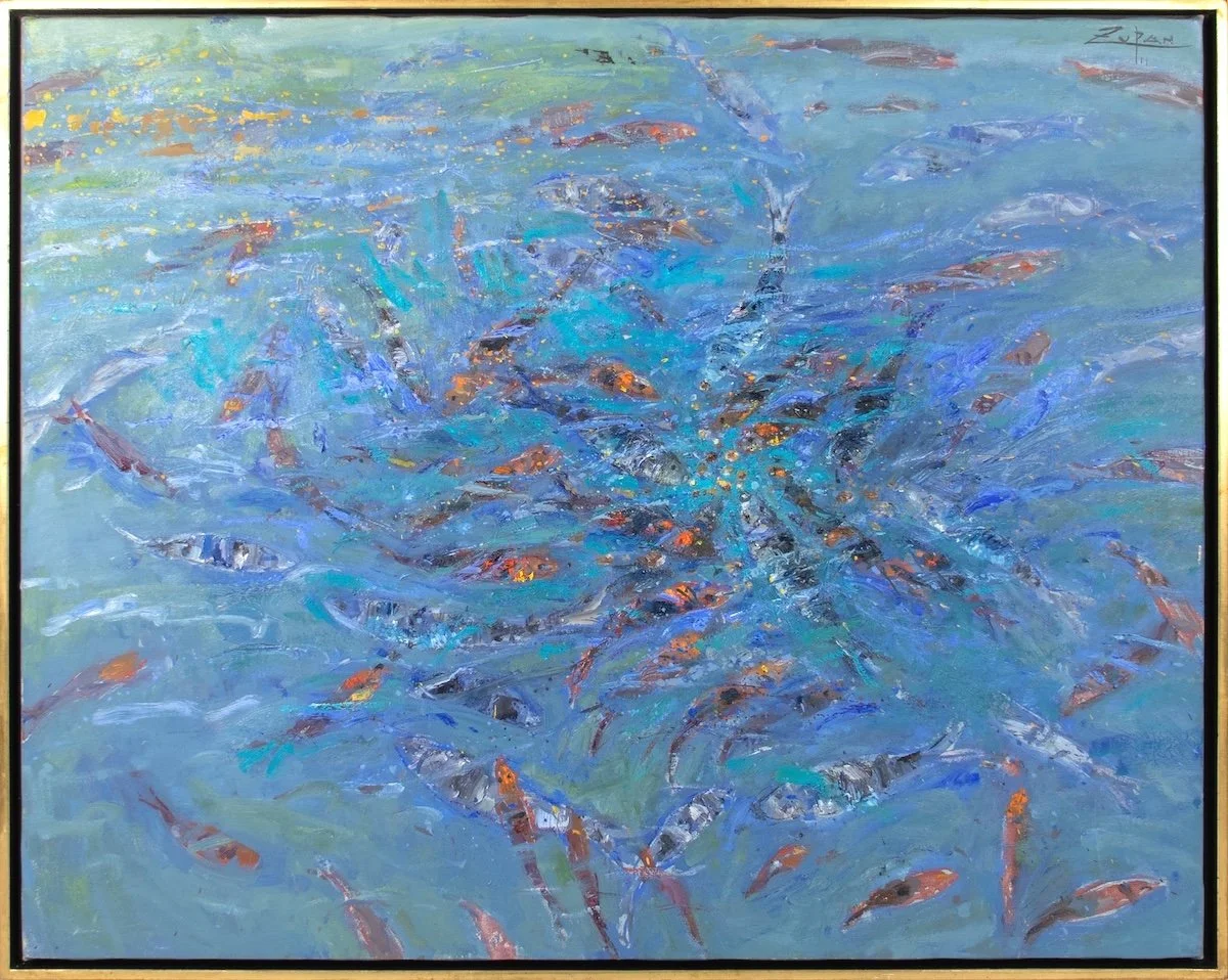 Bruno ZupanFish in the Sea, impressionist painting of fish going after bait in the water, shades of blue, orange, black