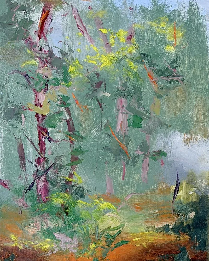 Kathy Buist Among The Trees, abstract oil painting on panel of a forest with brown floor and pops of purple and neon green