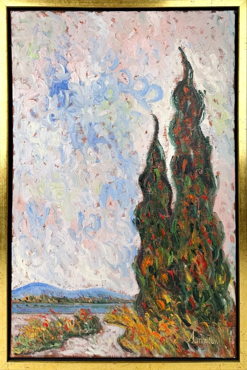 Samir Sammoun  Cypresses, textured impressionist landscape, two cypress trees with road beside and water and mountains in the distance, cloudy sky