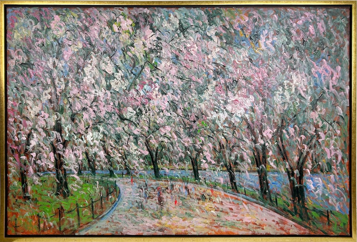 Samir Sammoun  Promenade au Parc, impressionist style oil painting of pink blossoming tree on park path